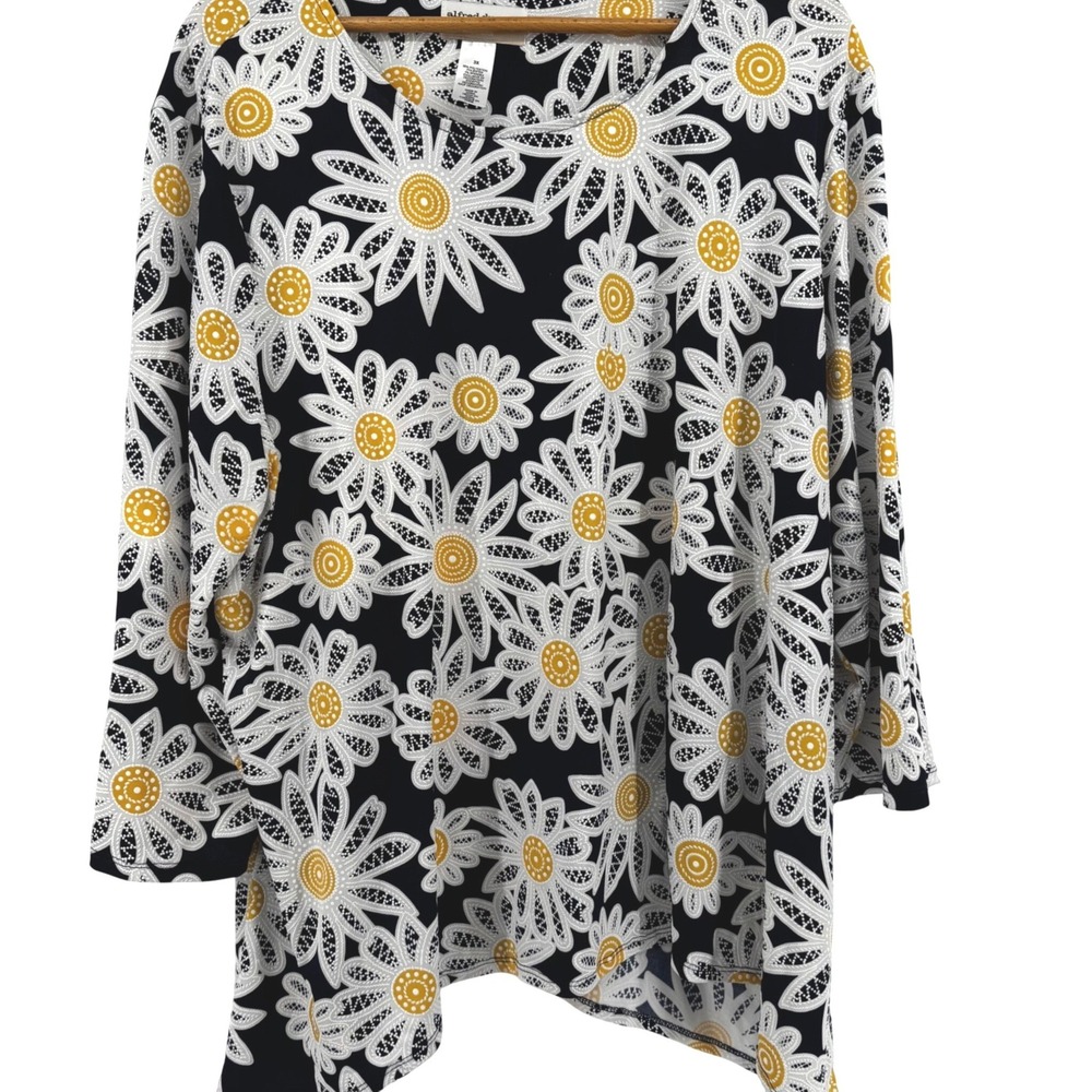 Alfred Dunner Woman 3X Navy Blue Daisy Floral 3/4 Sleeve Tunic Top Boho Office